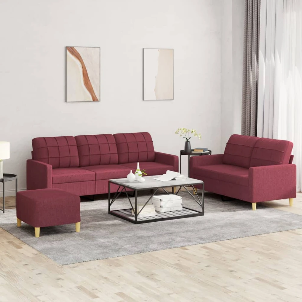 Sofa Sofos komplektas su pagalvėlėmis, 3 dalių, vyno, audinys