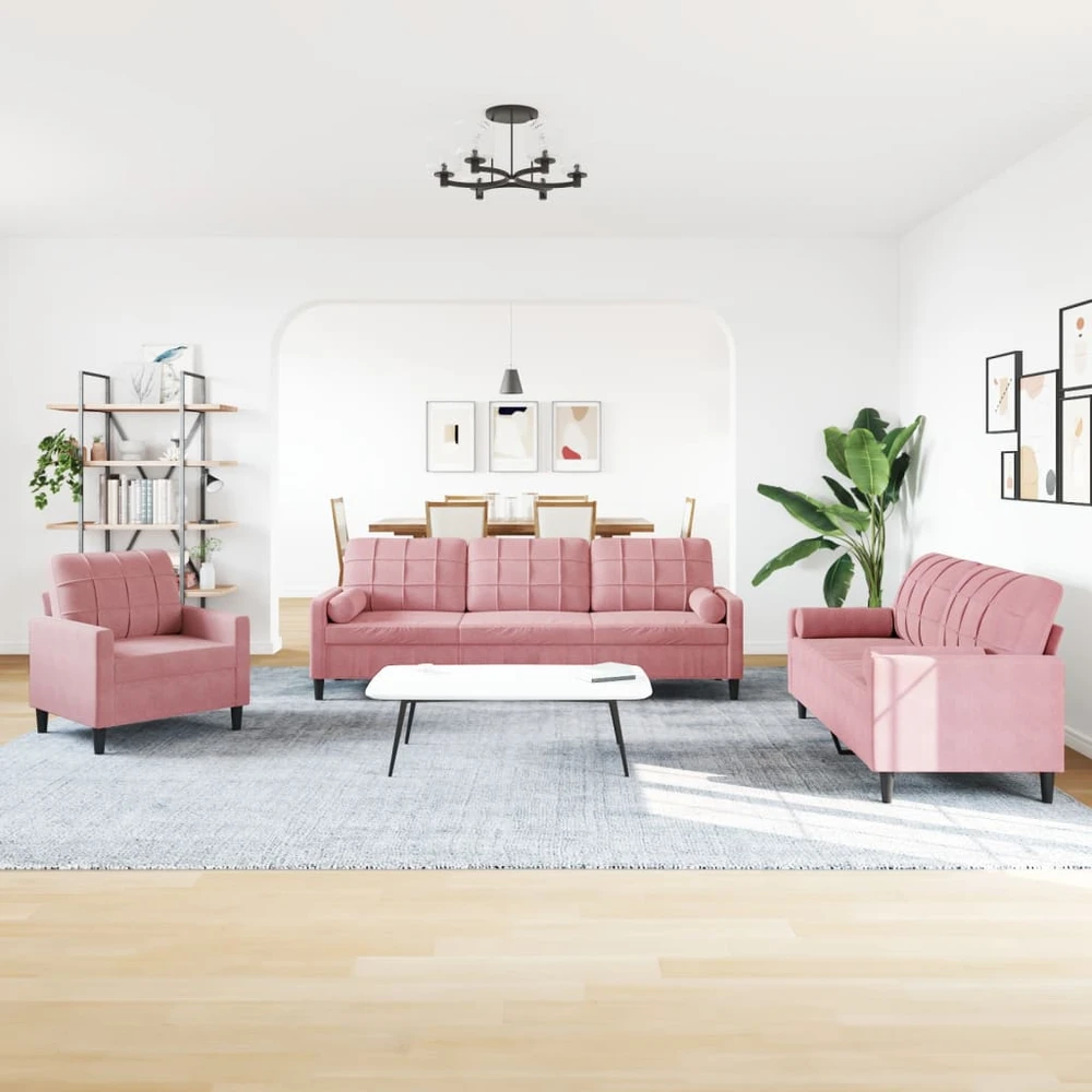 Sofa Sofos komplektas su pagalvėlėmis, 3 dalių, rožinis, aksomas
