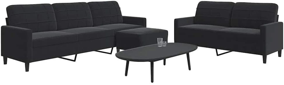 Sofa Sofos komplektas su pagalvėlėmis, 3 dalių, juodas, aksomas
