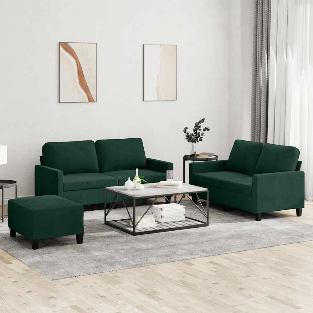 Sofa Sofos komplektas su pagalvėlėmis, 3 dalių, žalias, aksomas