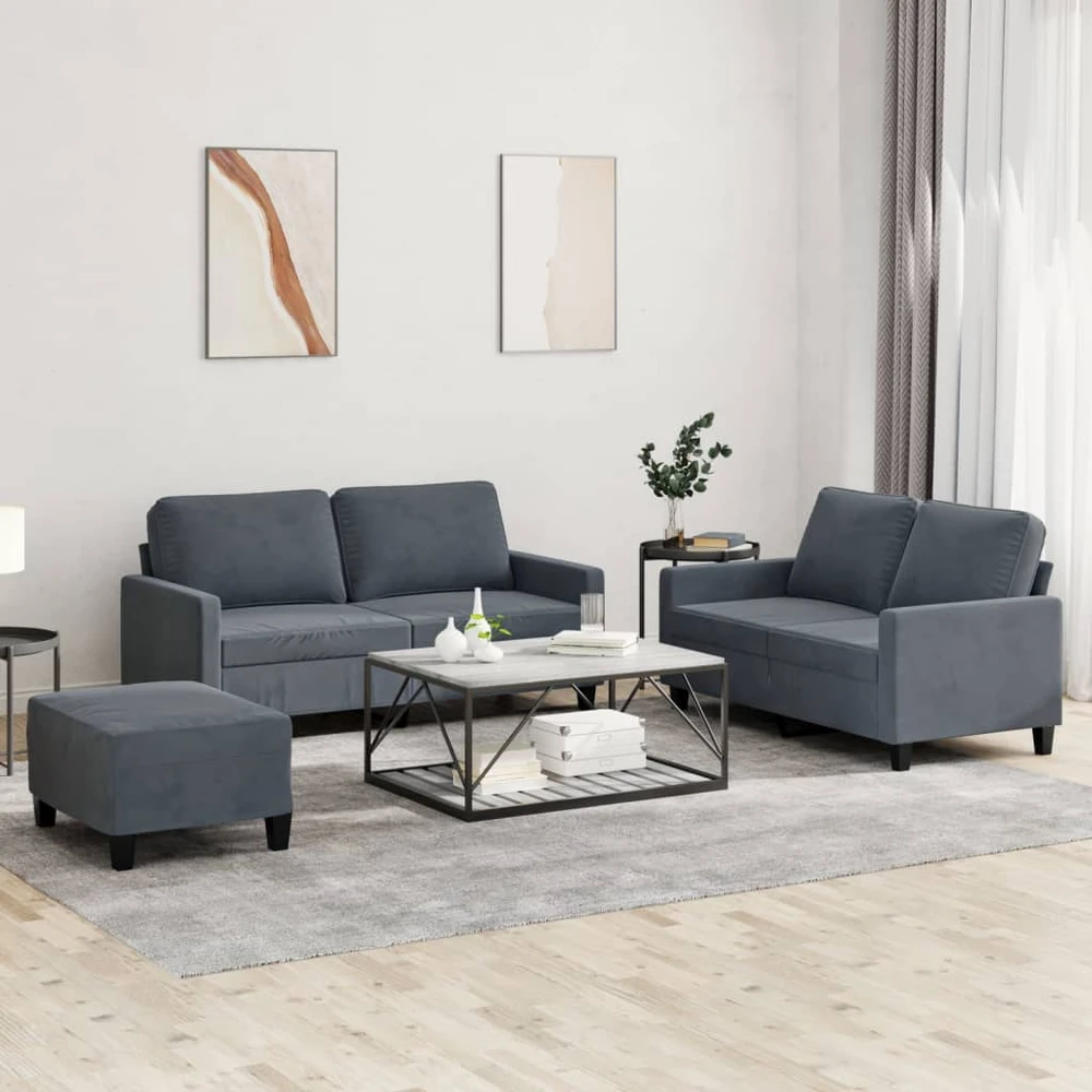 Sofa Sofos komplektas su pagalvėlėmis, 3 dalių, pilkas, aksomas