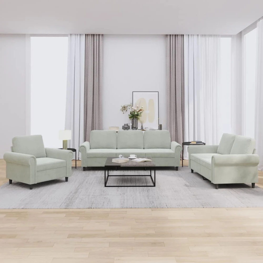 Sofa Sofos komplektas su pagalvėlėmis, 3 dalių, pilkas, aksomas