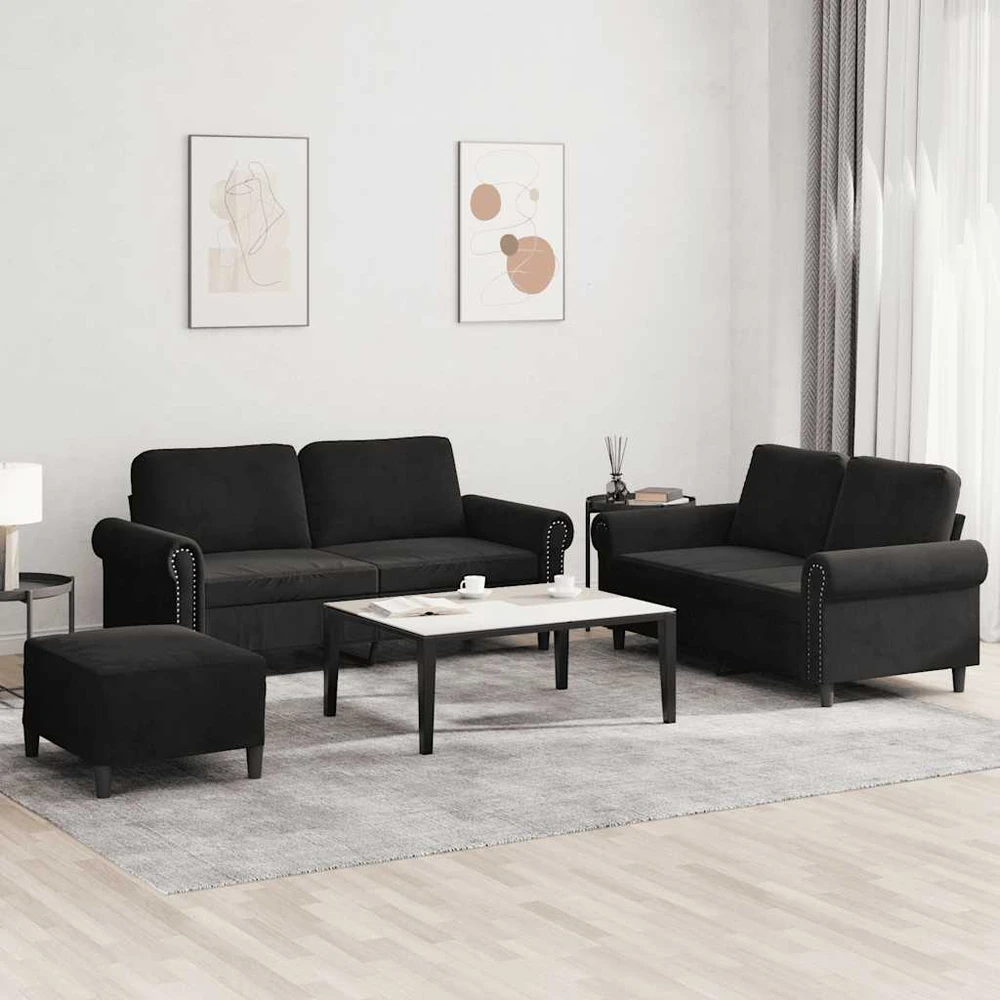 Sofa Sofos komplektas su pagalvėlėmis, 3 dalių, juodas, aksomas