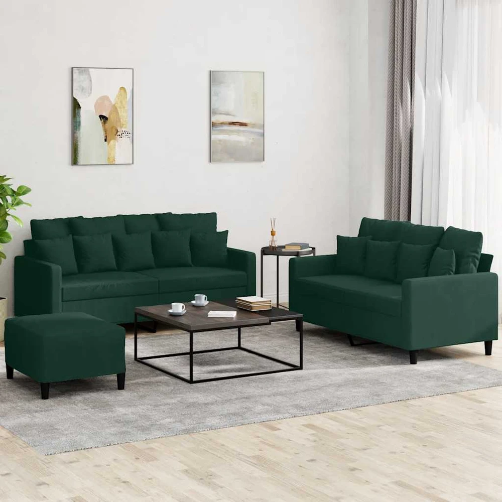 Sofa Sofos komplektas su pagalvėlėmis, 3 dalių, žalias, aksomas