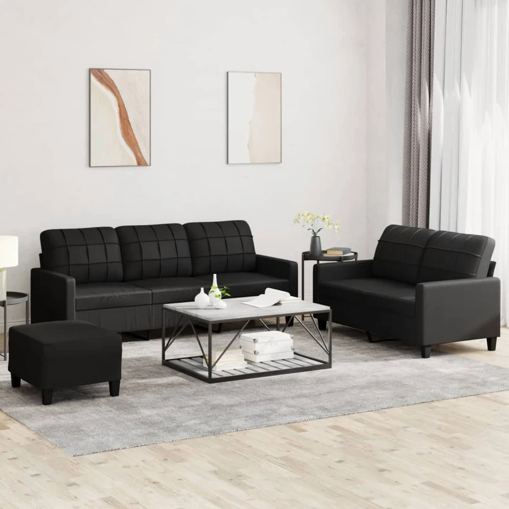 Sofa Sofos komplektas su pagalvėlėmis, 3 dalių, juodas, dirbtinė oda