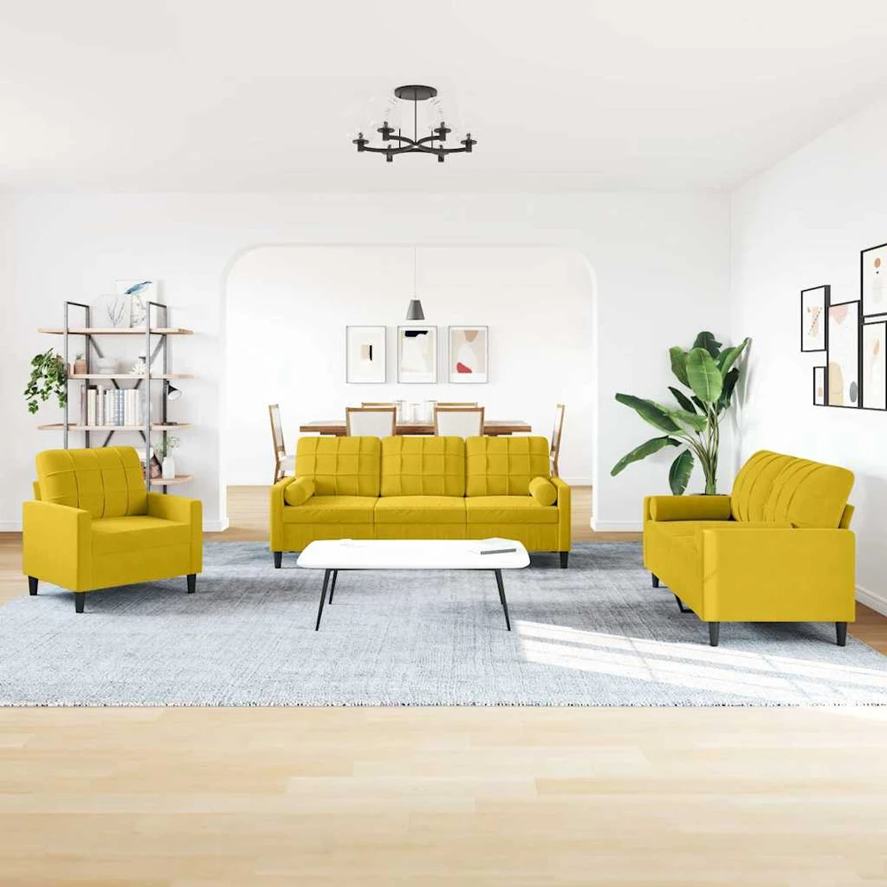 Sofa Sofos komplektas su pagalvėlėmis, 3 dalių, geltonas, aksomas