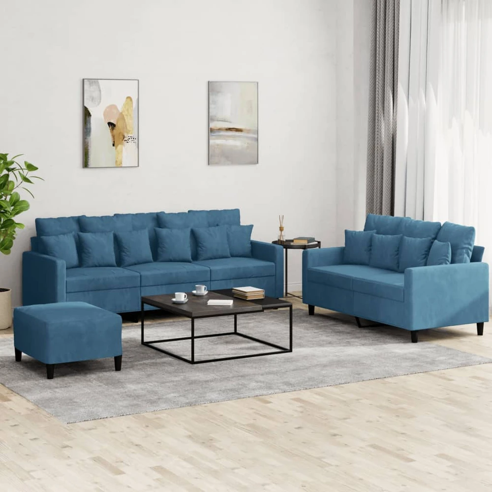 Sofa Sofos komplektas su pagalvėlėmis, 3 dalių, mėlynas, aksomas