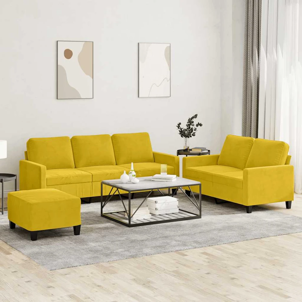 Sofa Sofos komplektas su pagalvėlėmis, 3 dalių, geltonas, aksomas