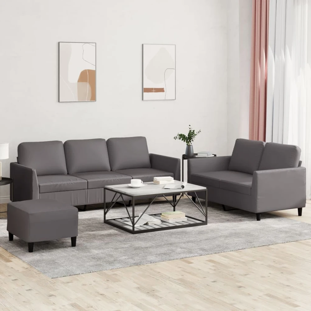 Sofa Sofos komplektas su pagalvėlėmis, 3 dalių, pilkas, dirbtinė oda