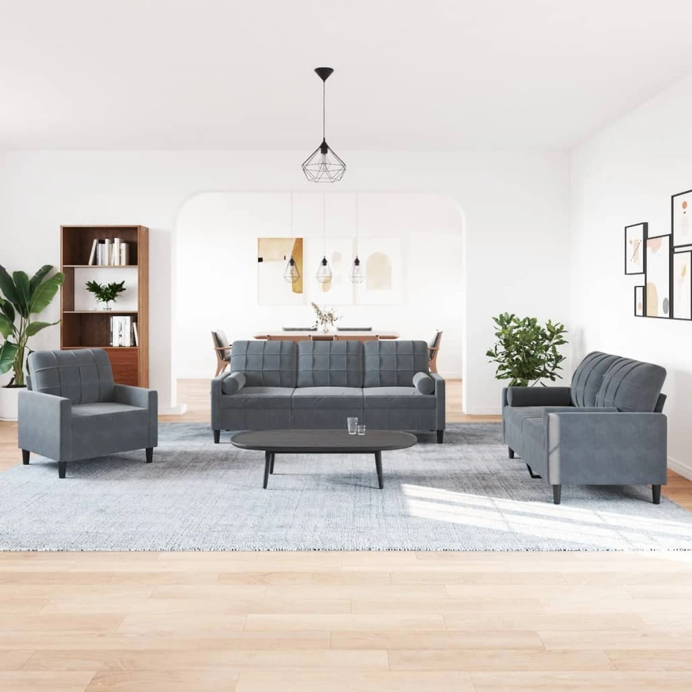 Sofa Sofos komplektas su pagalvėlėmis, 3 dalių, pilkas, aksomas