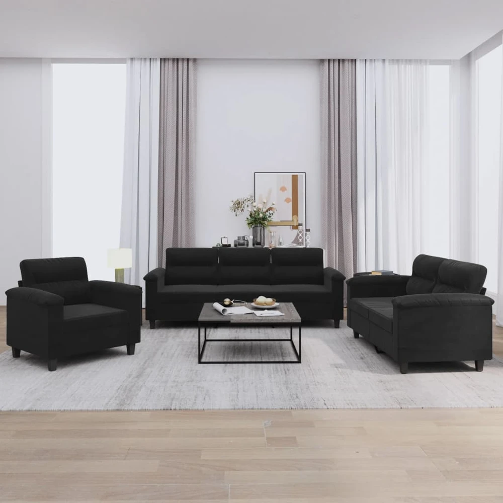 Sofa Sofos komplektas su pagalvėlėmis, 3 dalių, juodas, audinys