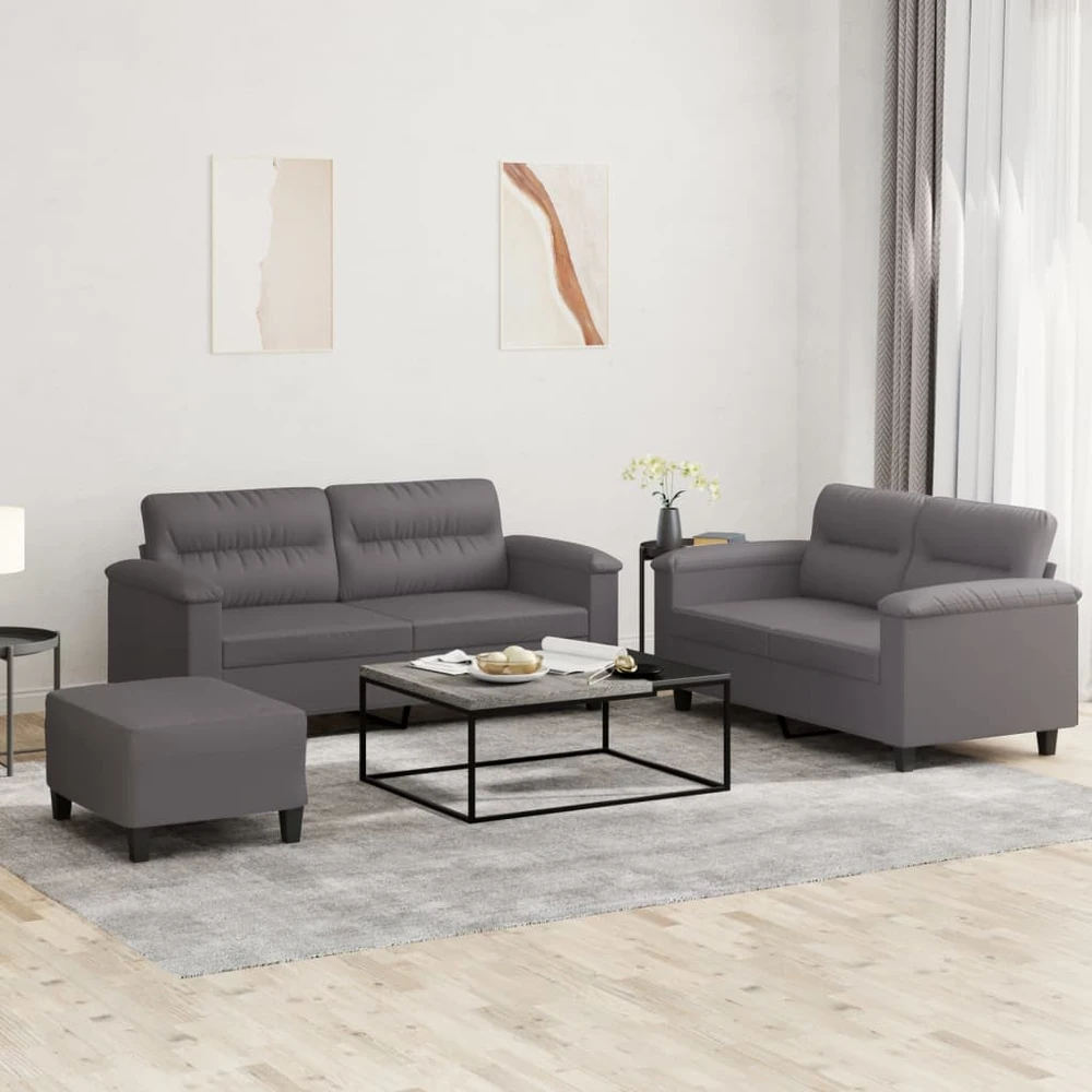 Sofa Sofos komplektas su pagalvėlėmis, 3 dalių, pilkas, dirbtinė oda
