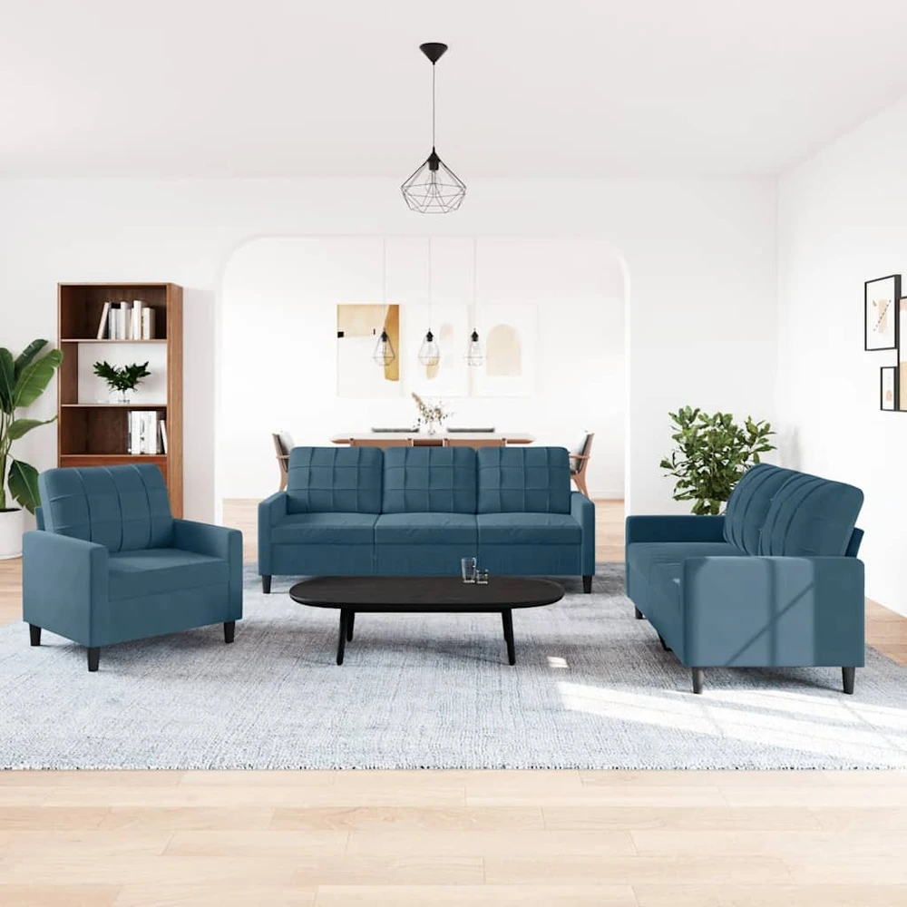 Sofa Sofos komplektas su pagalvėlėmis, 3 dalių, mėlynas, aksomas