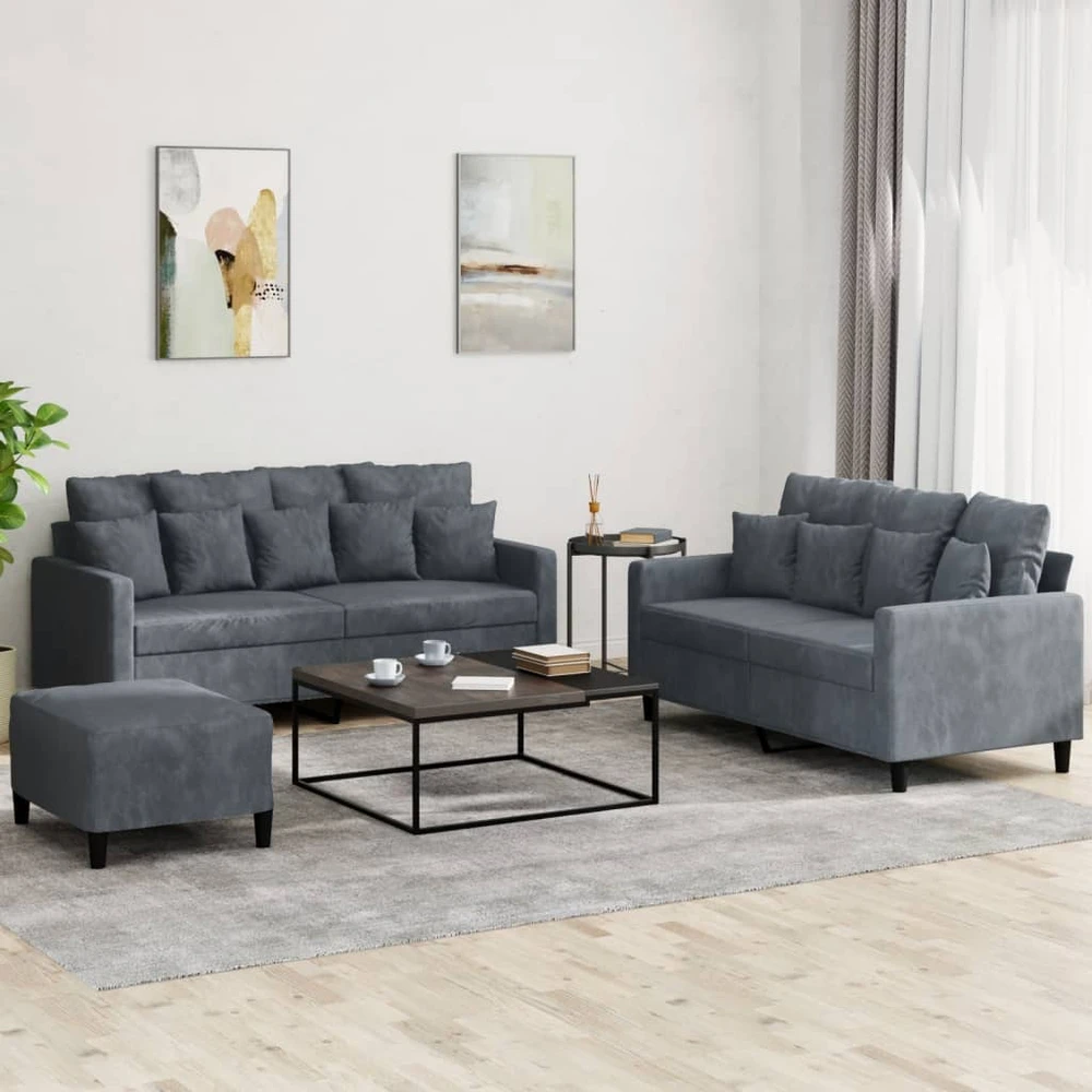 Sofa Sofos komplektas su pagalvėlėmis, 3 dalių, pilkas, aksomas