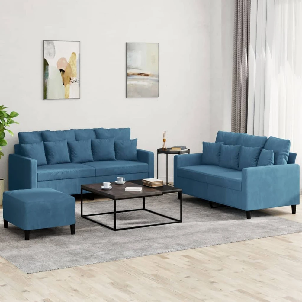 Sofa Sofos komplektas su pagalvėlėmis, 3 dalių, mėlynas, aksomas