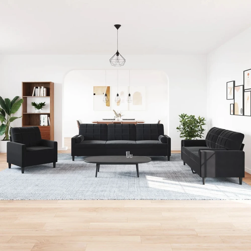 Sofa Sofos komplektas su pagalvėlėmis, 3 dalių, juodas, aksomas