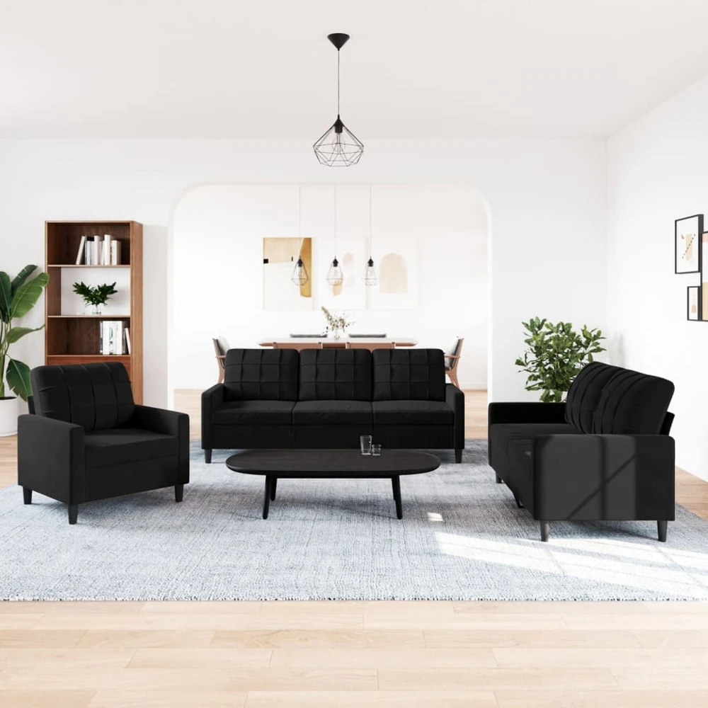 Sofa Sofos komplektas su pagalvėlėmis, 3 dalių, juodas, aksomas