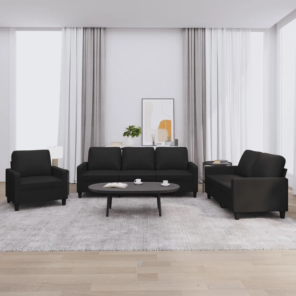 Sofa Sofos komplektas su pagalvėlėmis, 3 dalių, juodas, dirbtinė oda