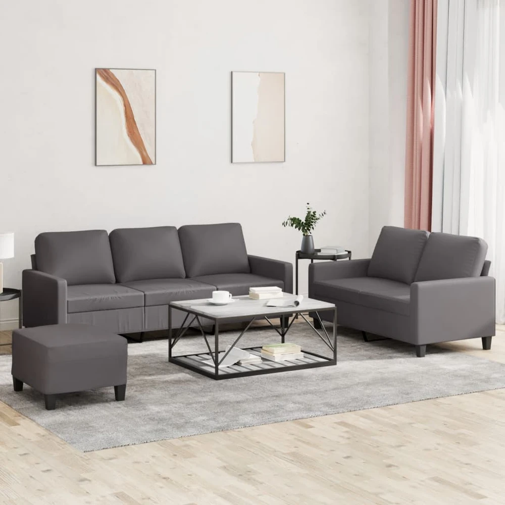 Sofa Sofos komplektas su pagalvėlėmis, 3 dalių, pilkas, dirbtinė oda