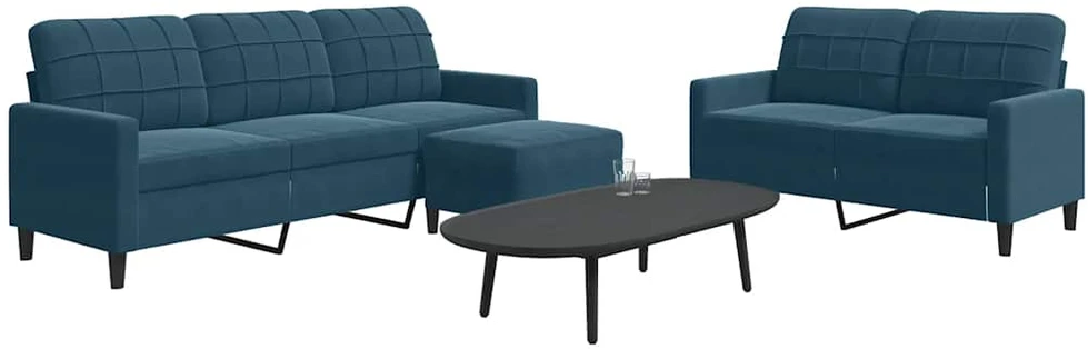 Sofa Sofos komplektas su pagalvėlėmis, 3 dalių, mėlynas, aksomas