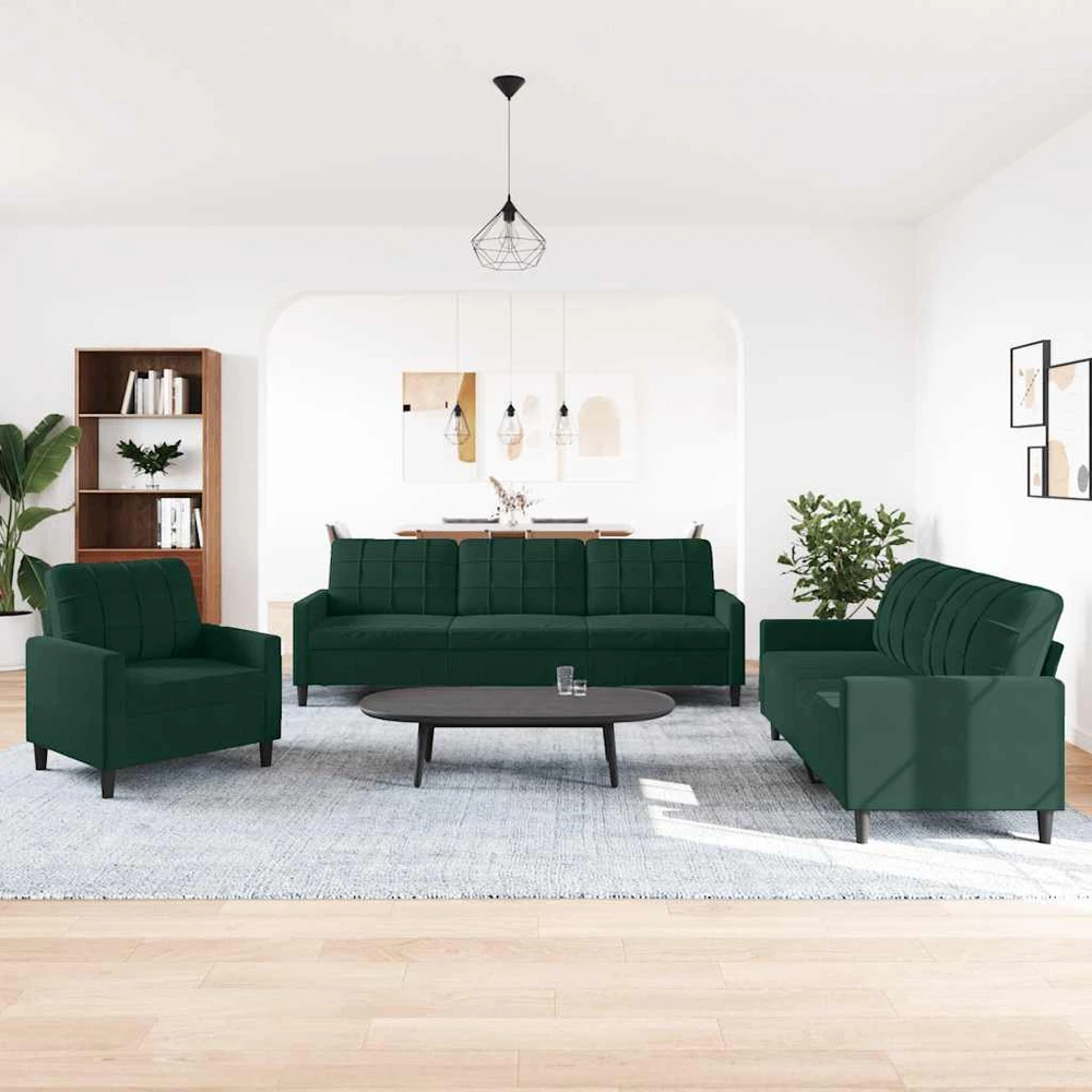 Sofa Sofos komplektas su pagalvėlėmis, 3 dalių, žalias, aksomas
