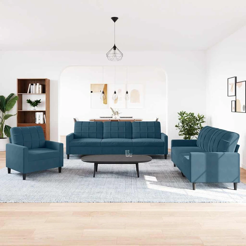 Sofa Sofos komplektas su pagalvėlėmis, 3 dalių, mėlynas, aksomas