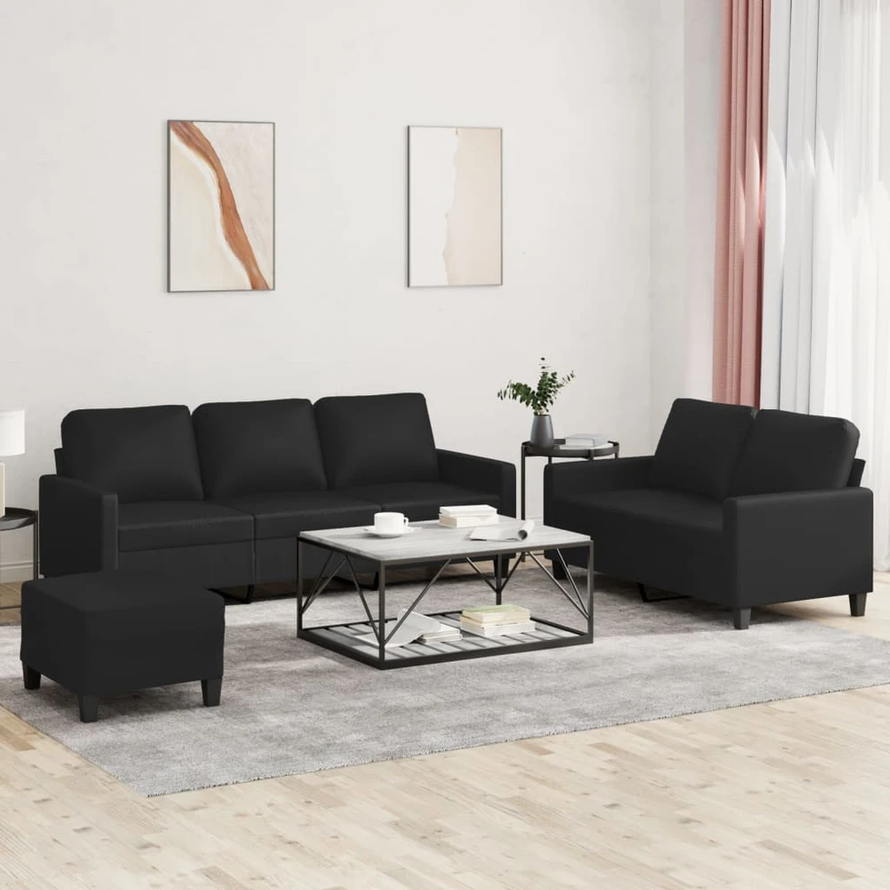Sofa Sofos komplektas su pagalvėlėmis, 3 dalių, juodas, dirbtinė oda