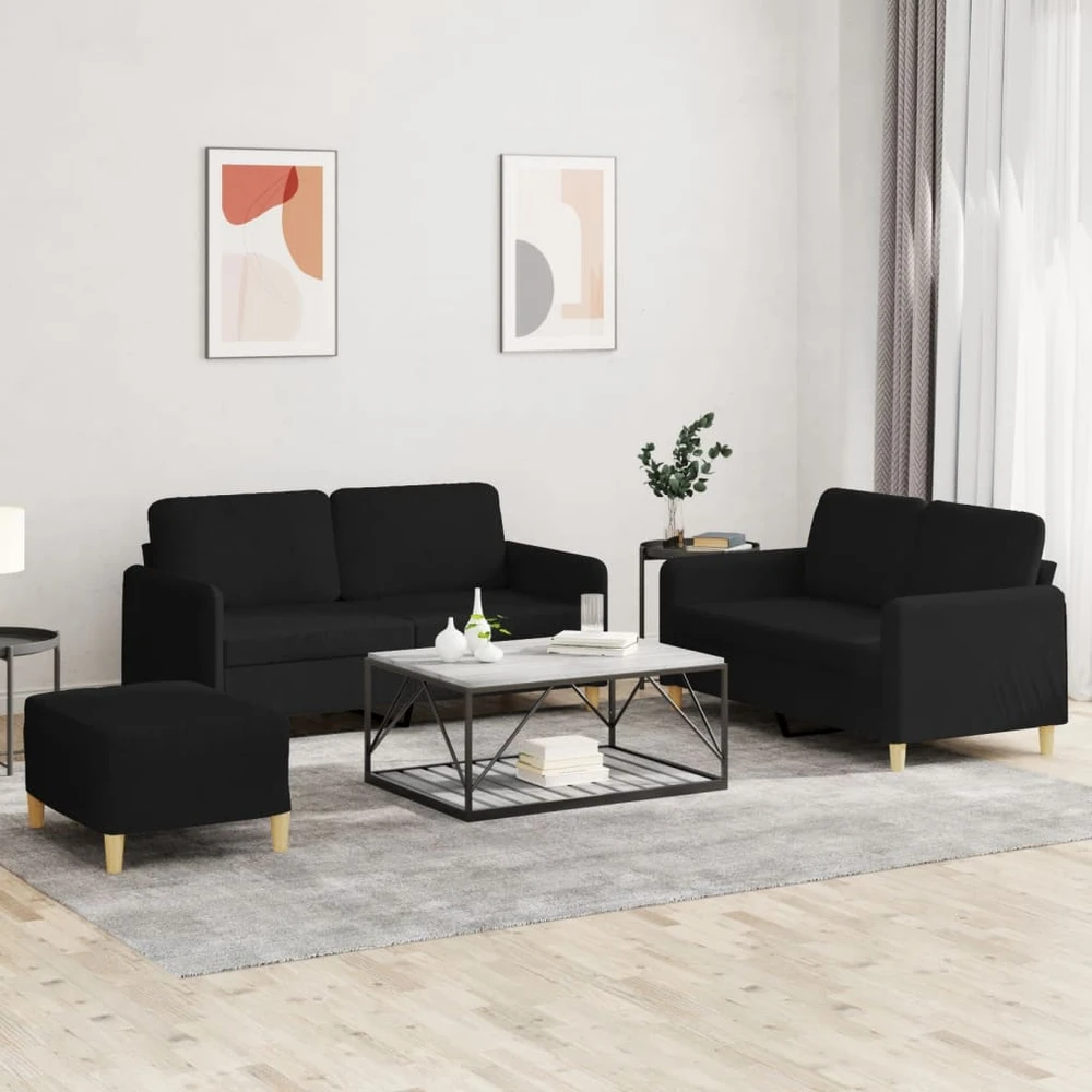 Sofa Sofos komplektas su pagalvėlėmis, 3 dalių, juodas, audinys