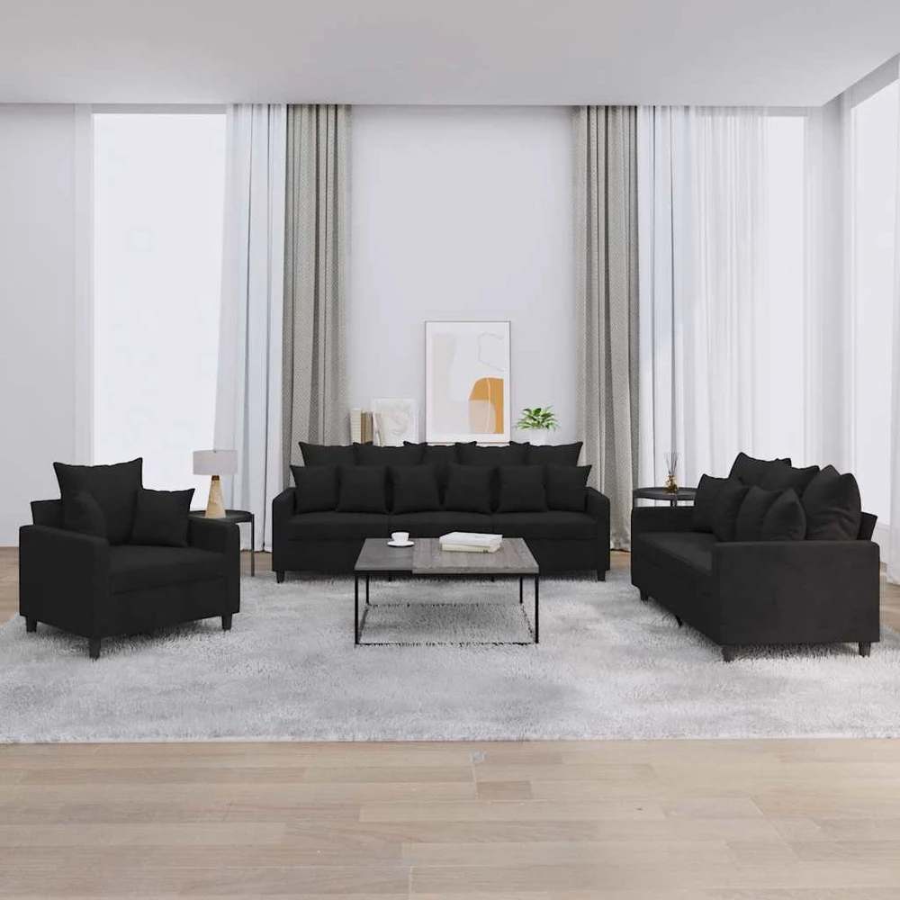 Sofa Sofos komplektas su pagalvėlėmis, 3 dalių, juodas, aksomas