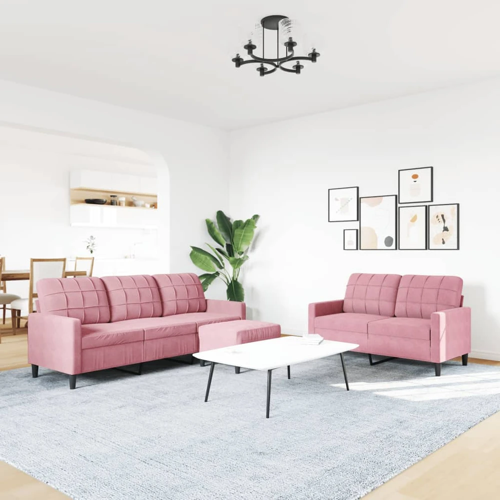 Sofa Sofos komplektas su pagalvėlėmis, 3 dalių, rožinis, aksomas