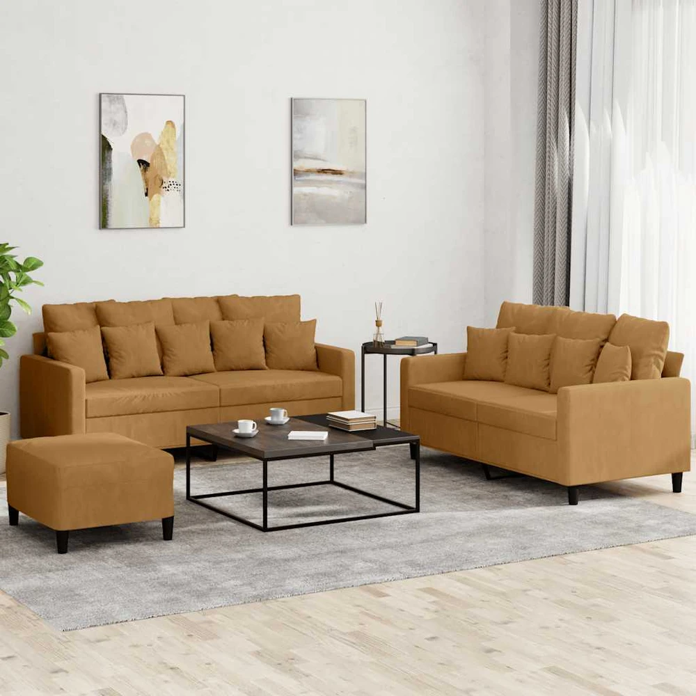 Sofa Sofos komplektas su pagalvėlėmis, 3 dalių, rudas, aksomas