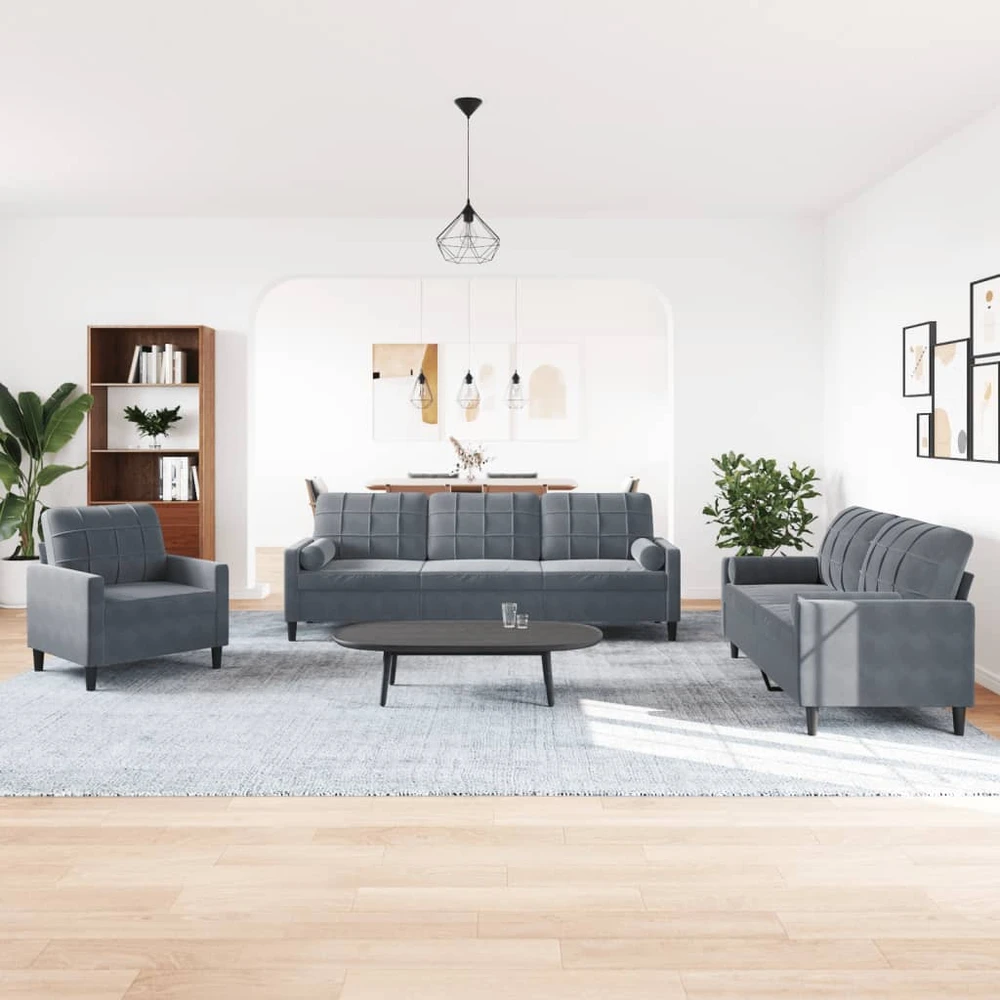Sofa Sofos komplektas su pagalvėlėmis, 3 dalių, pilkas, aksomas
