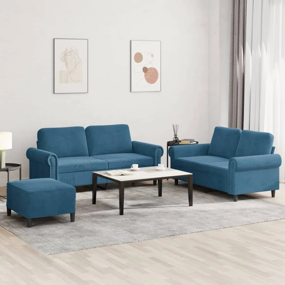 Sofa Sofos komplektas su pagalvėlėmis, 3 dalių, mėlynas, aksomas