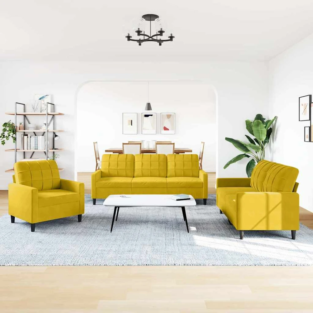 Sofa Sofos komplektas su pagalvėlėmis, 3 dalių, geltonas, aksomas