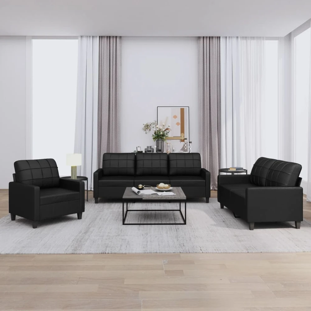 Sofa Sofos komplektas su pagalvėlėmis, 3 dalių, juodas, dirbtinė oda