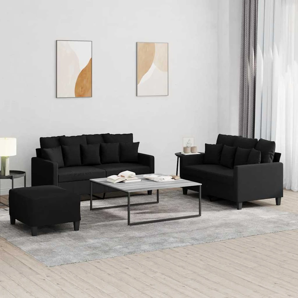 Sofa Sofos komplektas su pagalvėlėmis, 3 dalių, juodas, audinys
