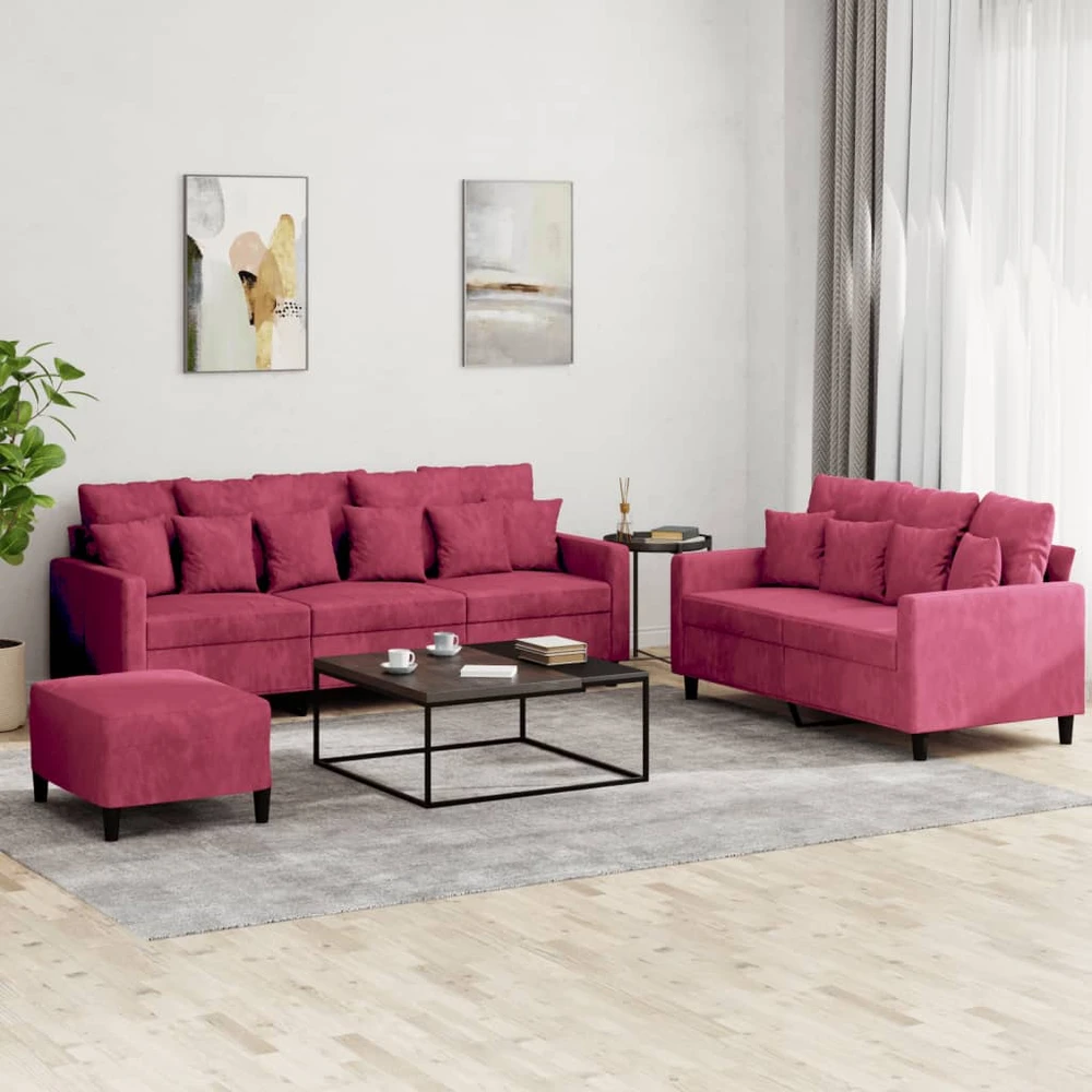 Sofa Sofos komplektas su pagalvėlėmis, 3 dalių, vyno, aksomas