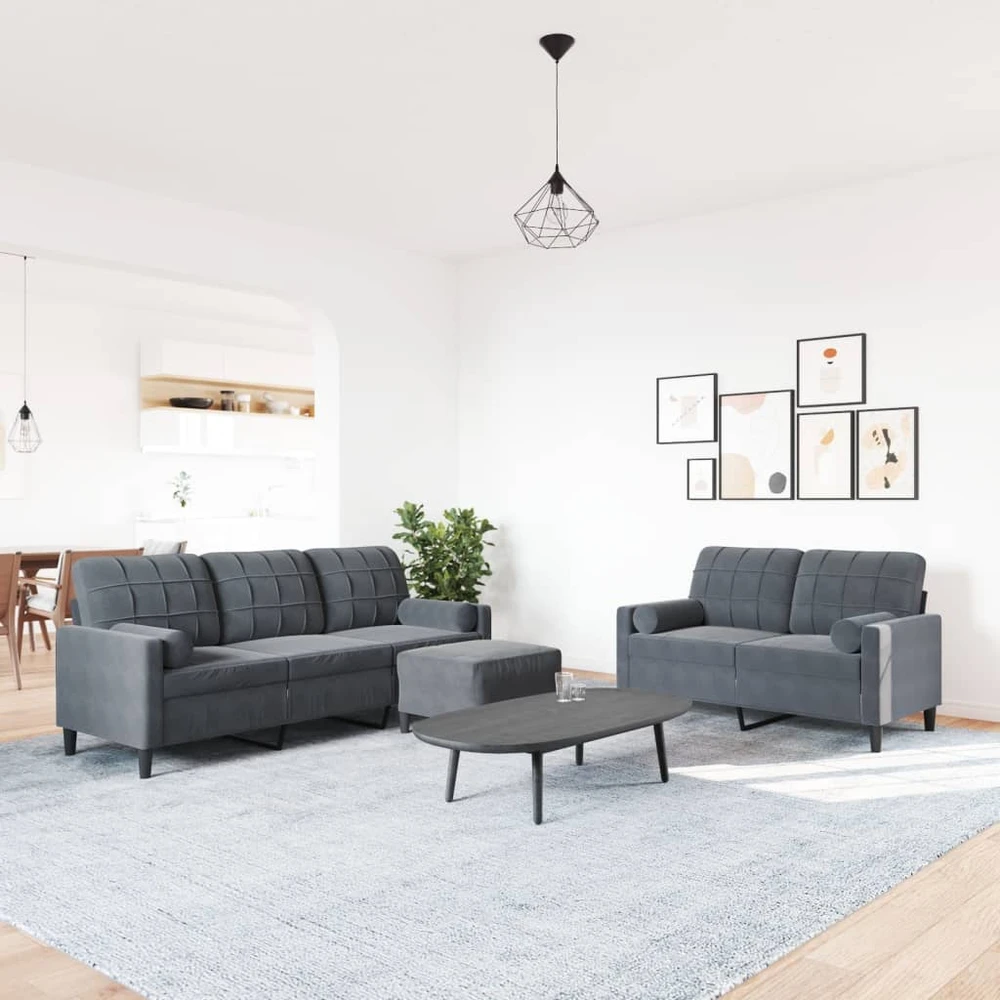 Sofa Sofos komplektas su pagalvėlėmis, 3 dalių, pilkas, aksomas