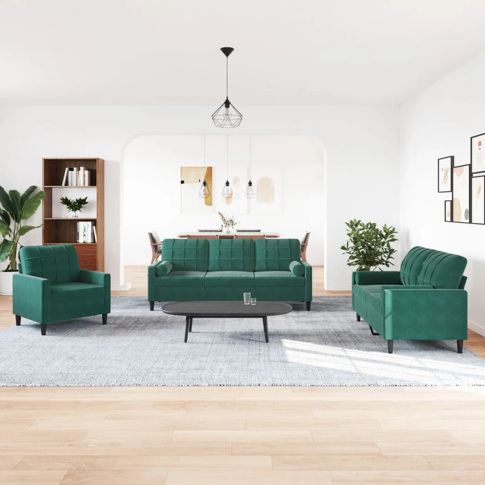 Sofa Sofos komplektas su pagalvėlėmis, 3 dalių, žalias, aksomas