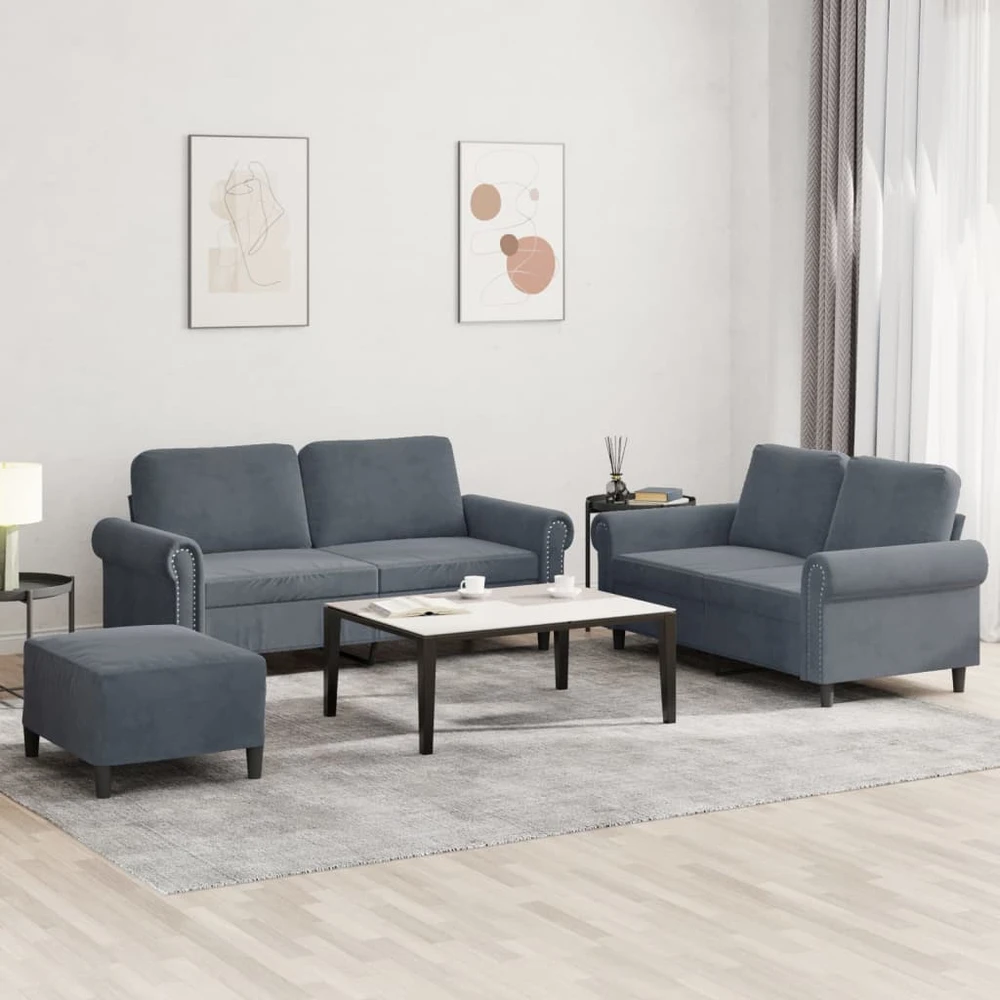 Sofa Sofos komplektas su pagalvėlėmis, 3 dalių, pilkas, aksomas