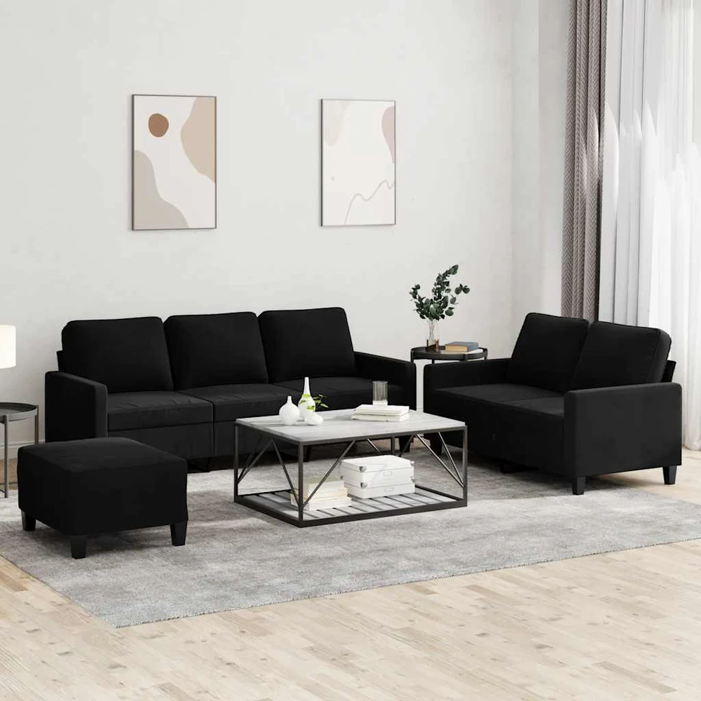 Sofa Sofos komplektas su pagalvėlėmis, 3 dalių, juodas, aksomas