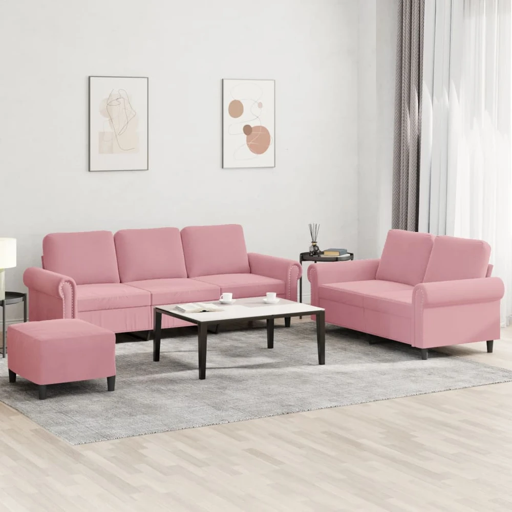 Sofa Sofos komplektas su pagalvėlėmis, 3 dalių, rožinis, aksomas