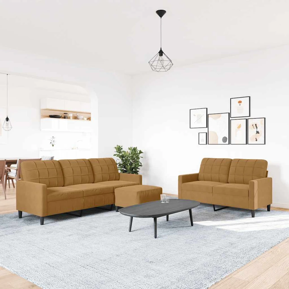 Sofa Sofos komplektas su pagalvėlėmis, 3 dalių, rudas, aksomas