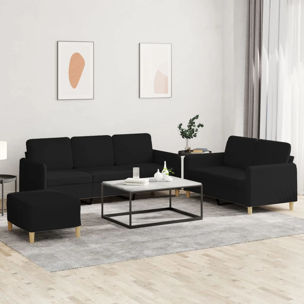 Sofa Sofos komplektas su pagalvėlėmis, 3 dalių, juodas, audinys