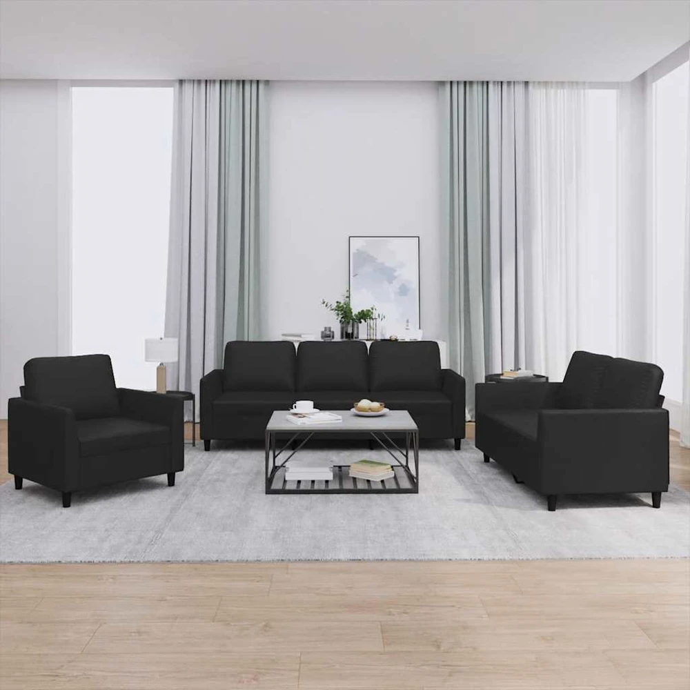 Sofa Sofos komplektas su pagalvėlėmis, 3 dalių, juodas, dirbtinė oda