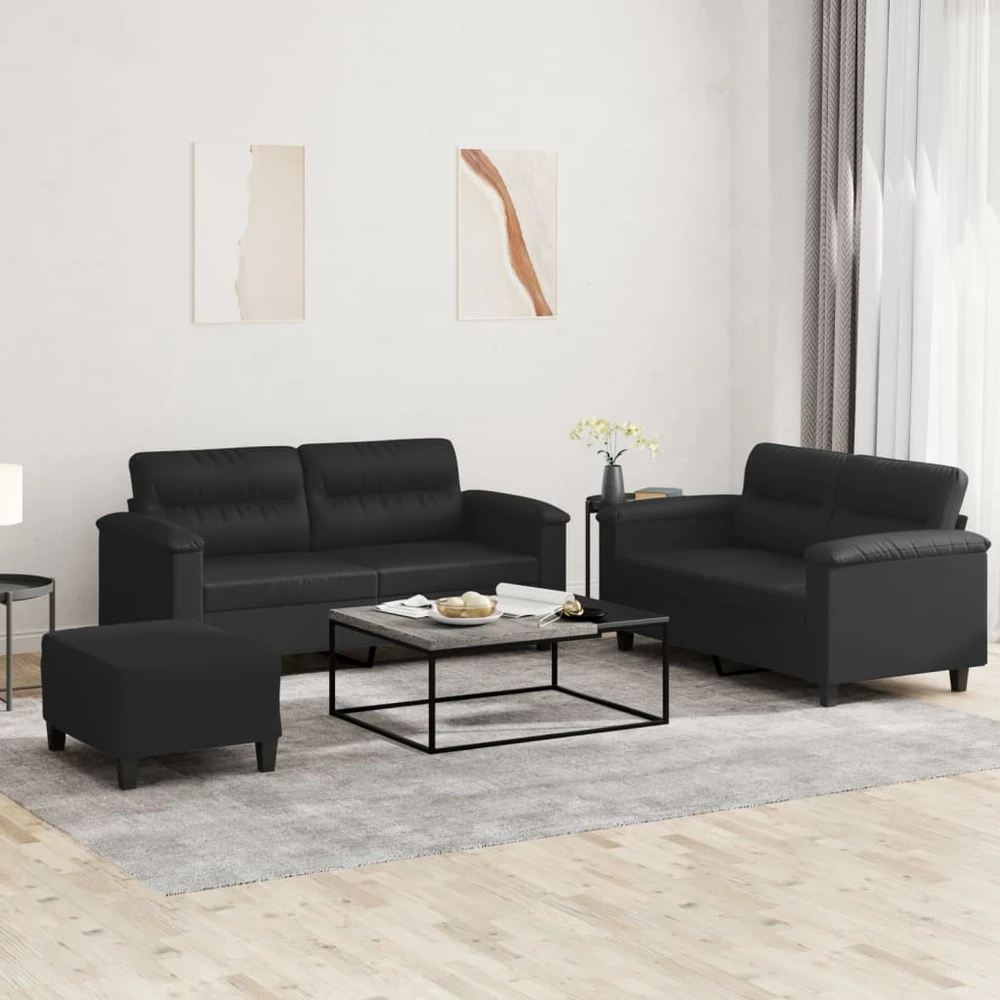 Sofa Sofos komplektas su pagalvėlėmis, 3 dalių, juodas, dirbtinė oda