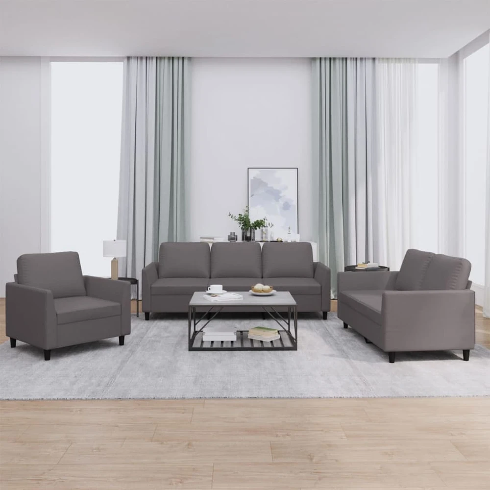Sofa Sofos komplektas su pagalvėlėmis, 3 dalių, pilkas, dirbtinė oda