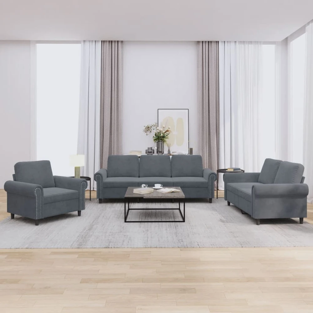 Sofa Sofos komplektas su pagalvėlėmis, 3 dalių, pilkas, aksomas
