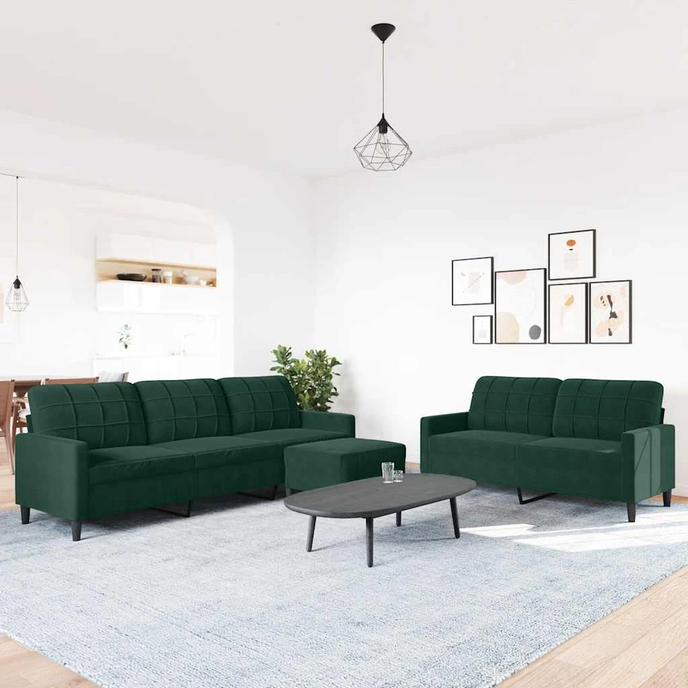 Sofa Sofos komplektas su pagalvėlėmis, 3 dalių, žalias, aksomas