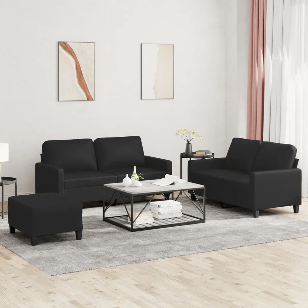 Sofa Sofos komplektas su pagalvėlėmis, 3 dalių, juodas, dirbtinė oda